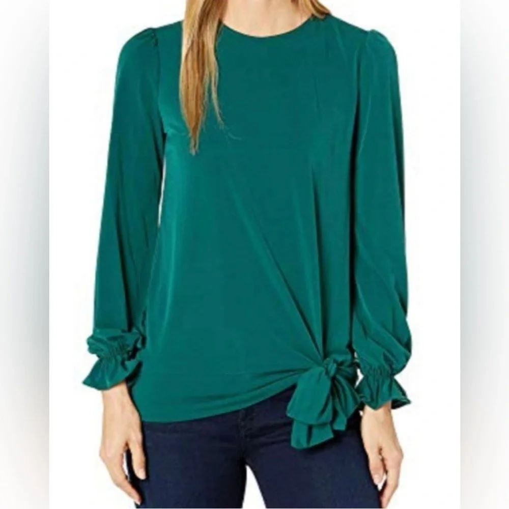 Michael Michael Kors Women's Tie-Front Ruffle-Sleeve Top, Dark Emerald Size S - Picture 1 of 5